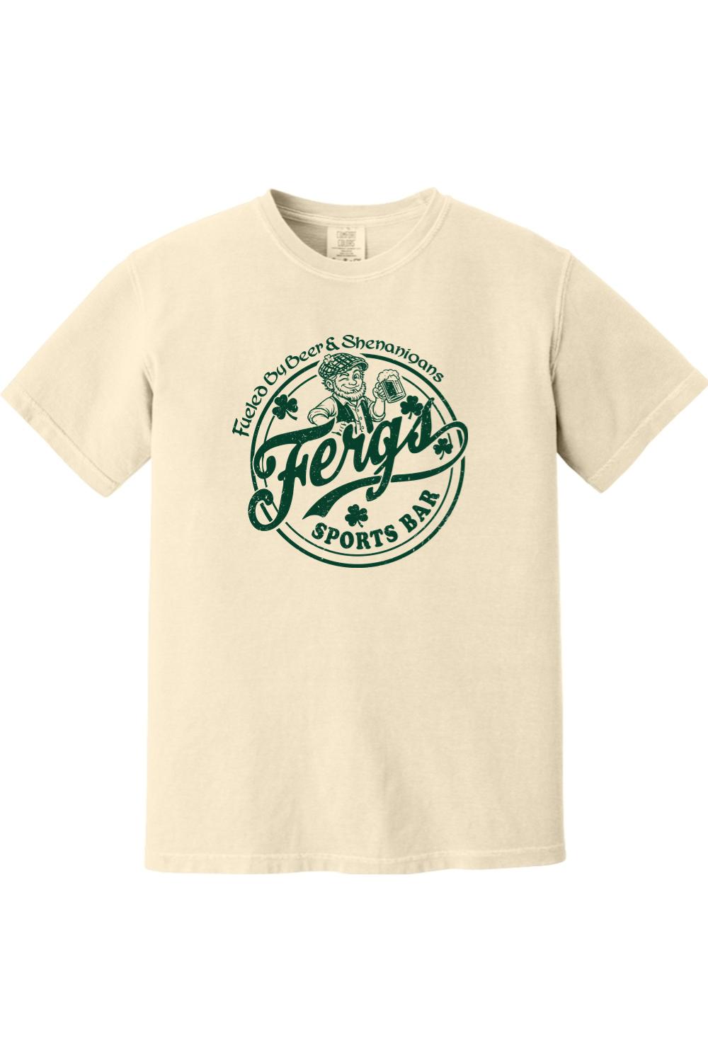 Cream-colored Comfort Colors cotton t-shirt featuring a green Ferg's Sports Bar logo with a leprechaun and beer graphic.