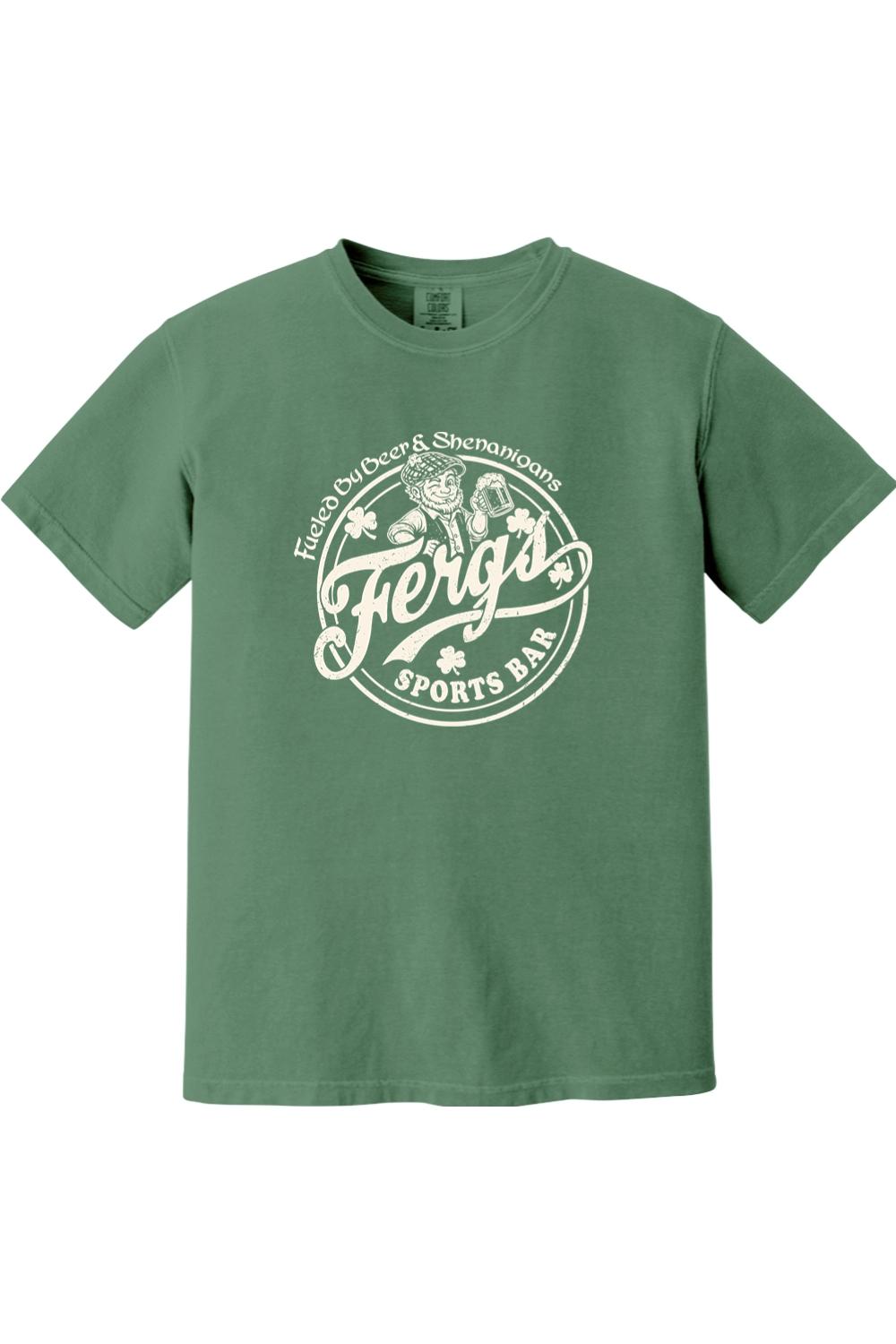 Forest green Comfort Colors cotton t-shirt featuring a white Ferg's Sports Bar graphic with a leprechaun and beer.