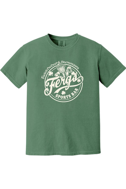 Forest green Comfort Colors cotton t-shirt featuring a white Ferg's Sports Bar graphic with a leprechaun and beer.