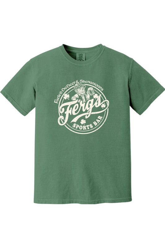 Forest green Comfort Colors cotton t-shirt featuring a white Ferg's Sports Bar graphic with a leprechaun and beer.