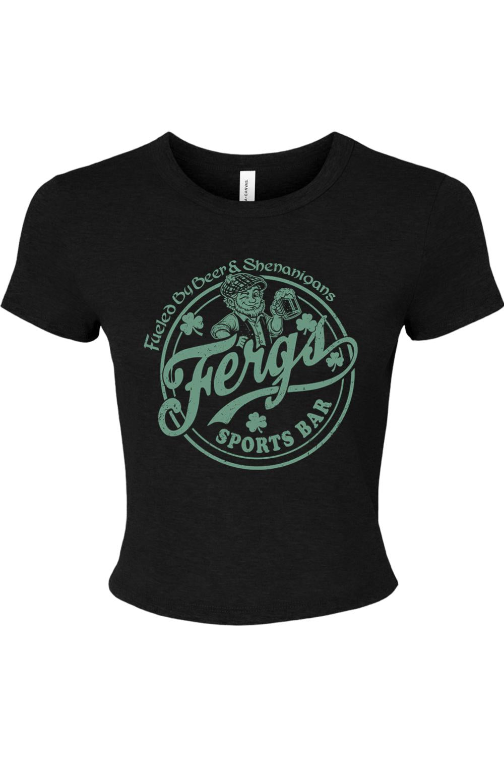 Black fitted women's baby tee featuring a green Ferg's Beer & Shenanigans graphic with a leprechaun and beer mug.