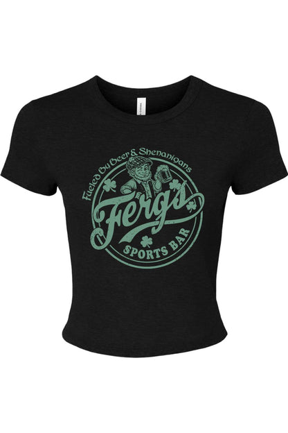 Black fitted women's baby tee featuring a green Ferg's Beer & Shenanigans graphic with a leprechaun and beer mug.