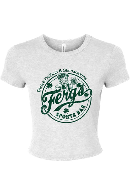 Light gray fitted baby tee featuring a green Ferg's Sports Bar graphic with a leprechaun and beer mug.