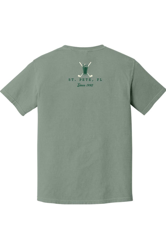 Sage green Comfort Colors cotton t-shirt featuring a St. Pete, FL beer glass and golf club graphic on the back.