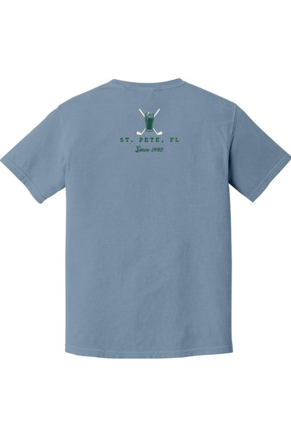 Blue Comfort Colors cotton t-shirt featuring a St. Pete, FL beer glass and hockey stick graphic on the back.