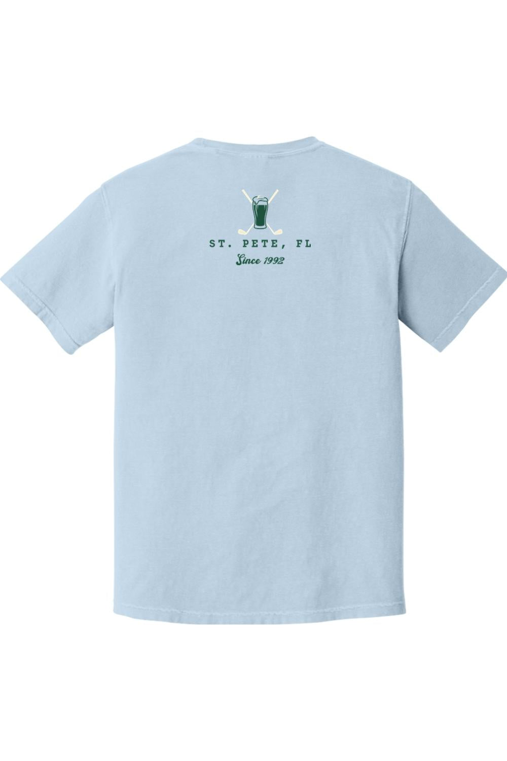 Light blue Comfort Colors cotton t-shirt featuring a St. Pete, FL beer and golf club graphic on the back.