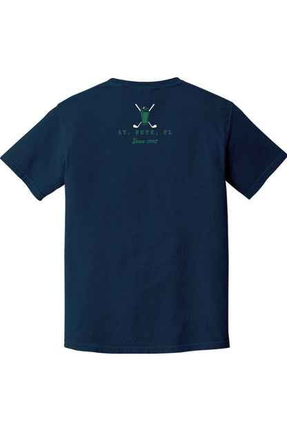 Navy blue Comfort Colors cotton t-shirt featuring a St. Pete, FL golf-themed graphic on the upper back.