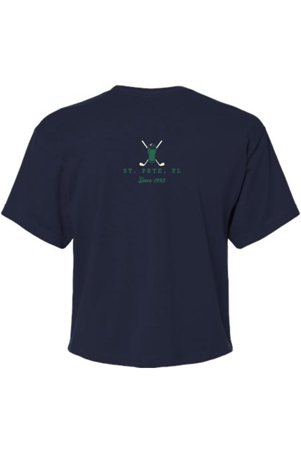 Navy blue cropped women's t-shirt featuring a green beer glass and golf club graphic on the back.