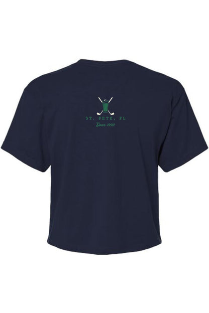 Navy blue cropped women's t-shirt featuring a green beer glass and golf club graphic on the back.