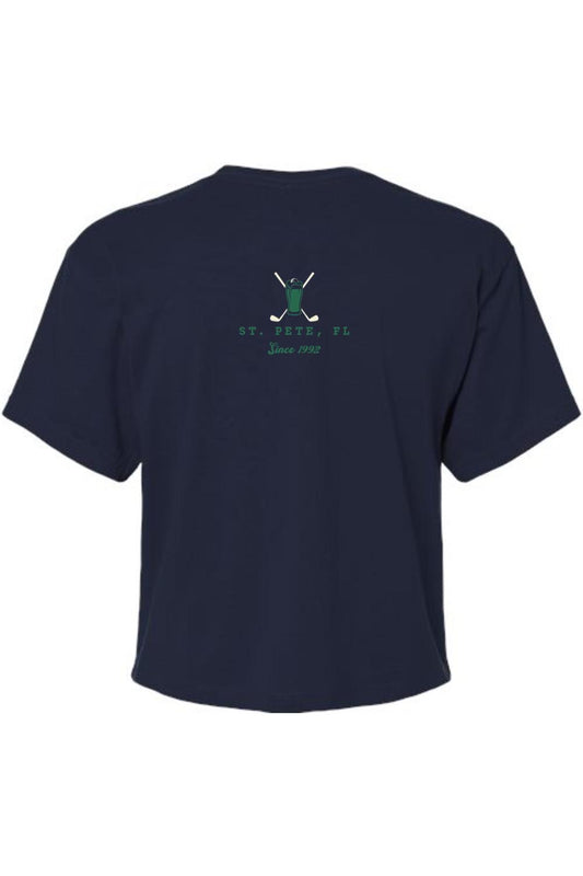 Navy blue cropped women's t-shirt featuring a green beer glass and golf club graphic on the back.