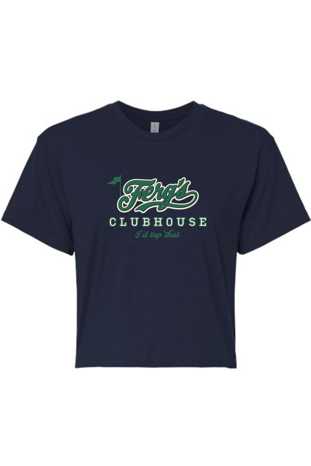 Navy blue cropped women's t-shirt with Ferg's Clubhouse I'd Tap That green and white graphic print.