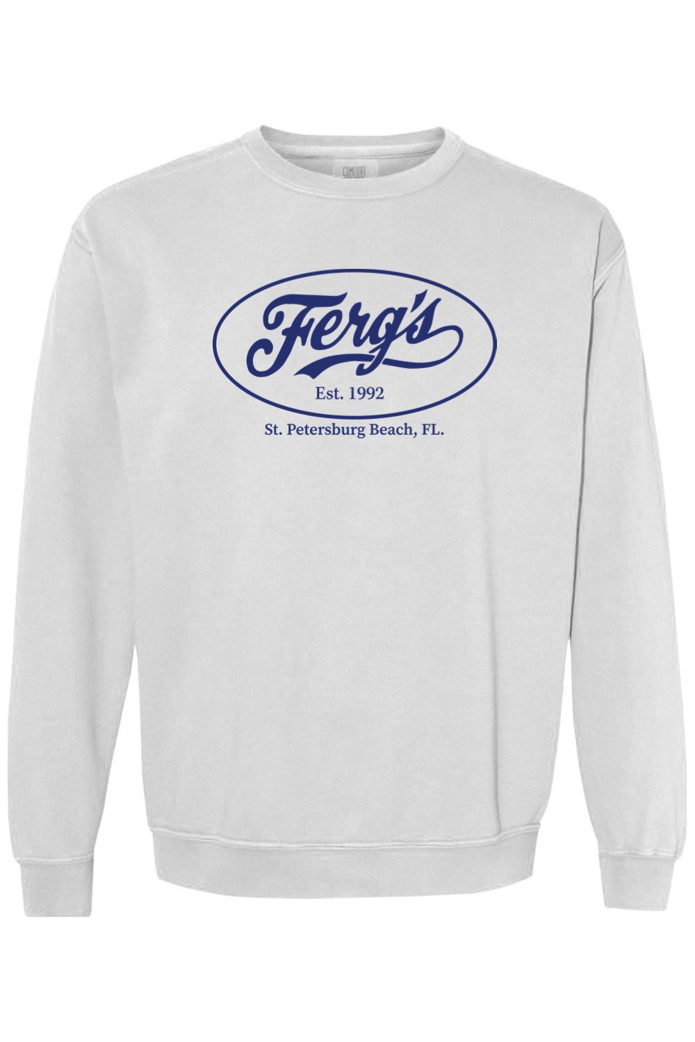White Comfort Colors crewneck sweatshirt with a blue Ferg's St. Petersburg Beach oval graphic print.