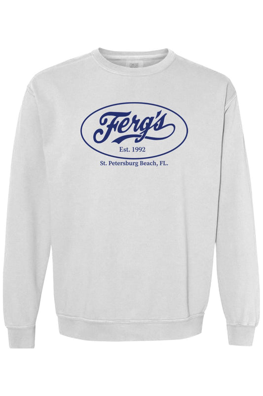 White Comfort Colors crewneck sweatshirt with a blue Ferg's St. Petersburg Beach oval graphic print.