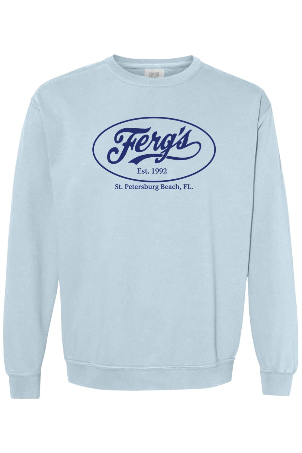 Light blue Comfort Colors crewneck sweatshirt with navy Ferg's St. Petersburg Beach logo graphic.