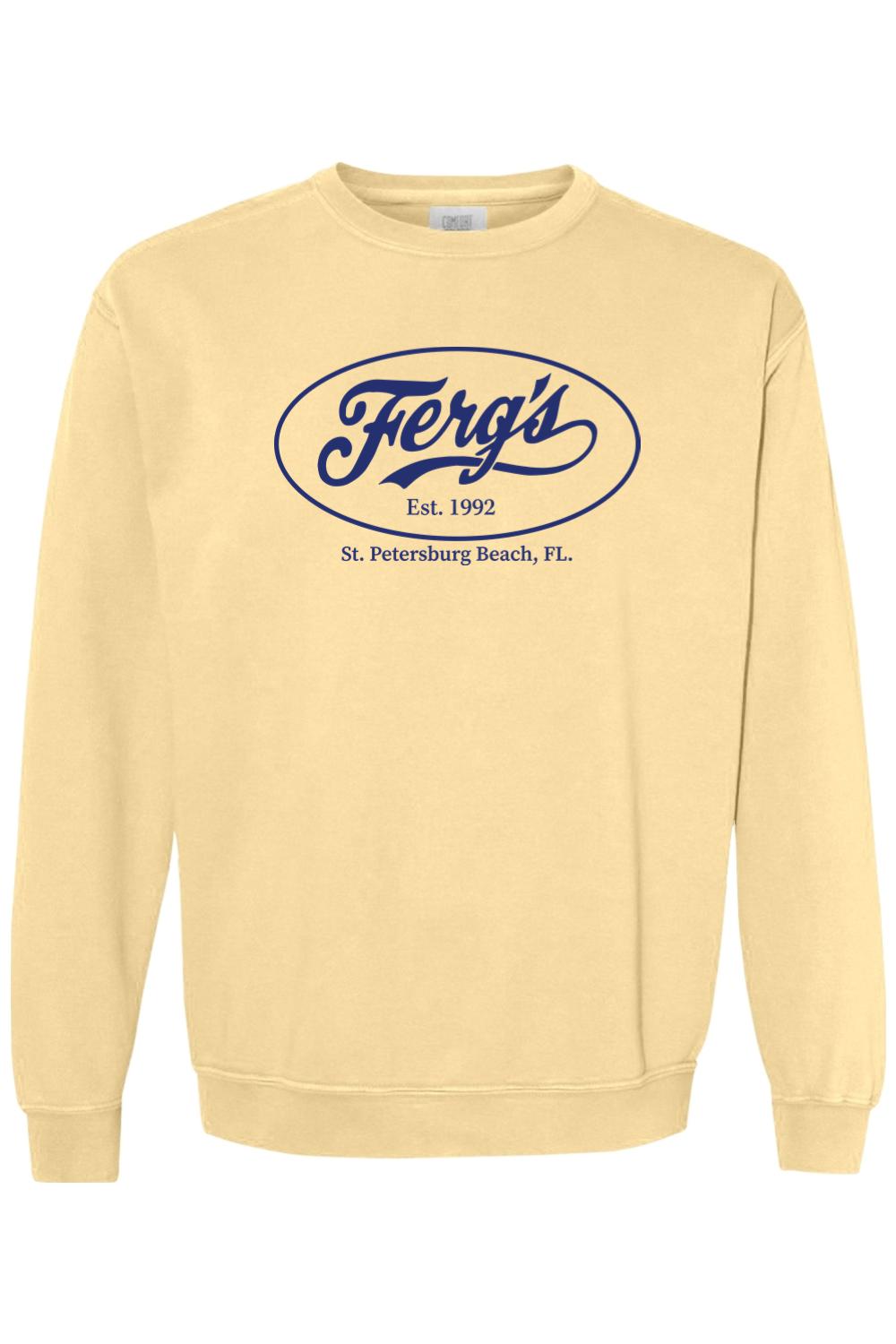 Butter yellow Comfort Colors crewneck sweatshirt with navy blue Ferg's St. Petersburg Beach logo graphic.