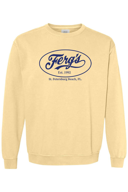 Butter yellow Comfort Colors crewneck sweatshirt with navy blue Ferg's St. Petersburg Beach logo graphic.