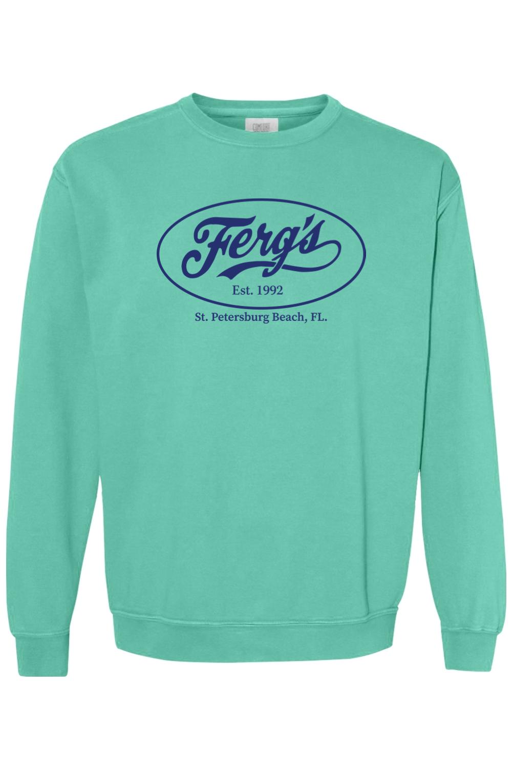 Mint green Comfort Colors crewneck sweatshirt with navy blue Ferg's St. Petersburg Beach logo graphic.