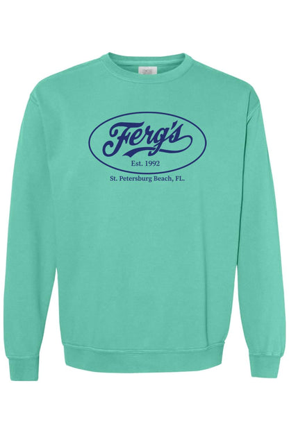 Mint green Comfort Colors crewneck sweatshirt with navy blue Ferg's St. Petersburg Beach logo graphic.