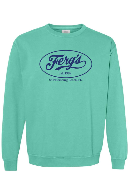Mint green Comfort Colors crewneck sweatshirt with navy blue Ferg's St. Petersburg Beach logo graphic.