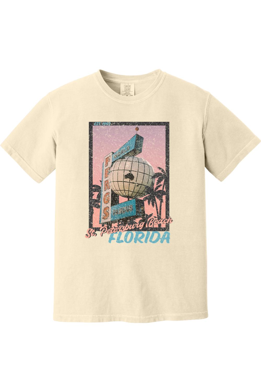 Cream-colored Comfort Colors cotton t-shirt featuring a vintage postcard graphic of the Ferg's St. Petersburg Beach sign.