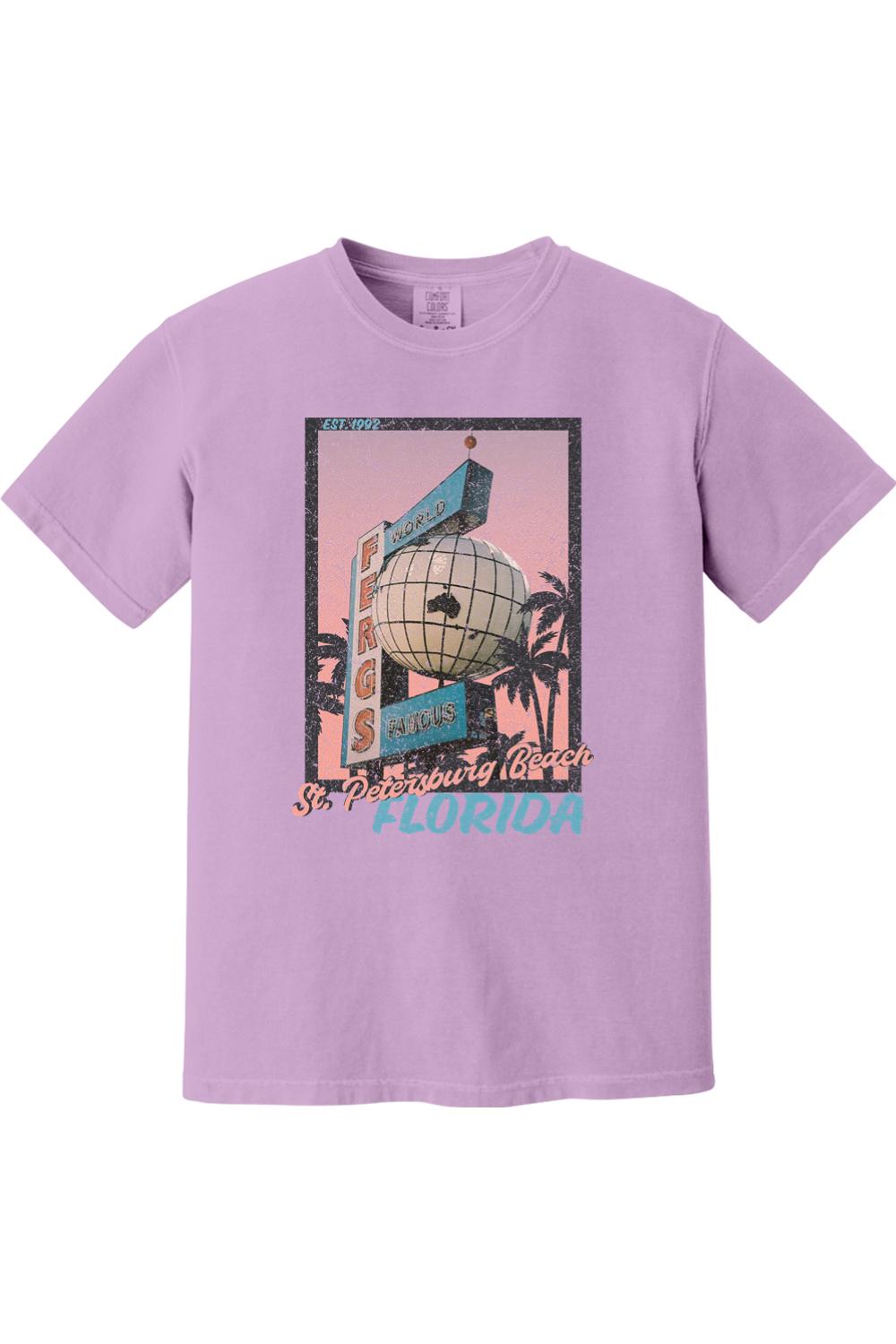Lavender Comfort Colors cotton t-shirt featuring a vintage Ferg's St. Petersburg Beach postcard graphic.