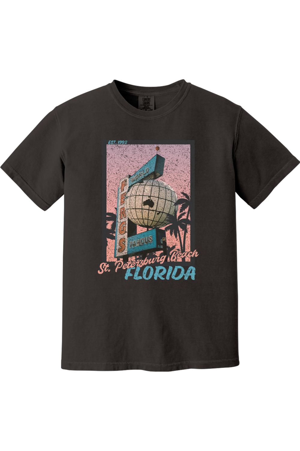 Black Comfort Colors short sleeve t-shirt featuring a vintage postcard graphic of the Ferg's St. Petersburg Florida sign.