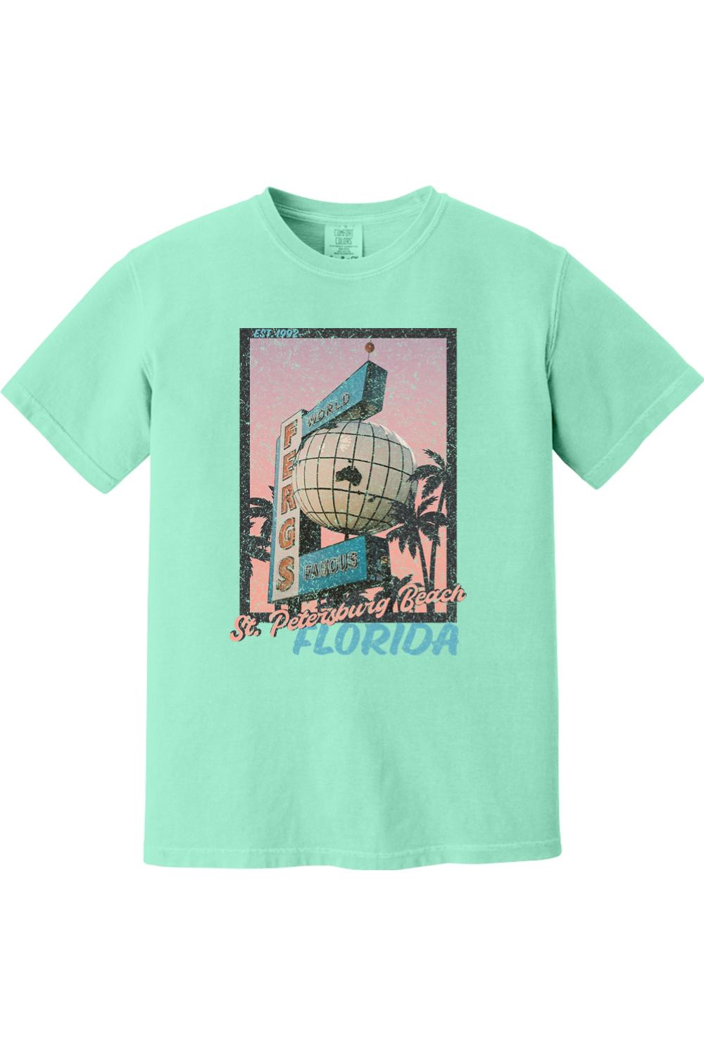 Mint green Comfort Colors cotton t-shirt featuring a vintage postcard graphic of the Ferg's St. Petersburg Beach sign.