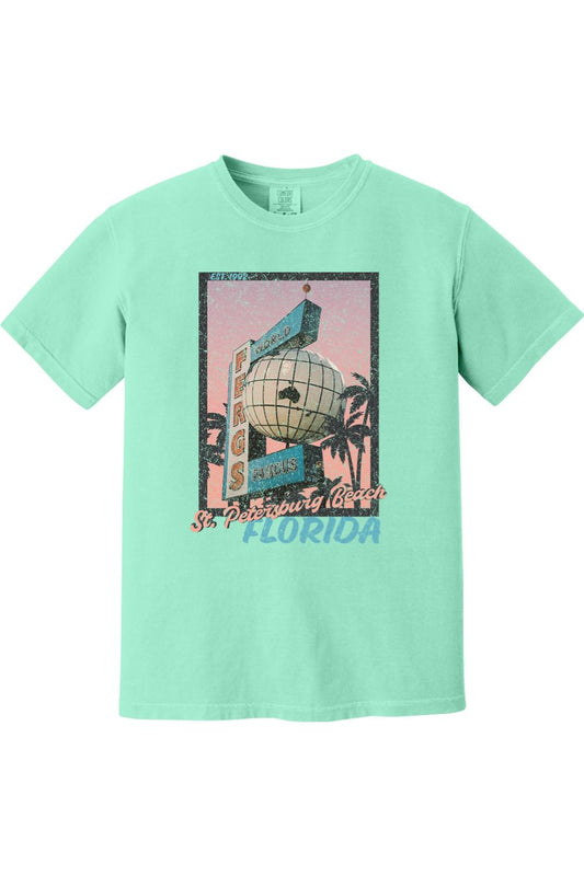 Mint green Comfort Colors cotton t-shirt featuring a vintage postcard graphic of the Ferg's St. Petersburg Beach sign.