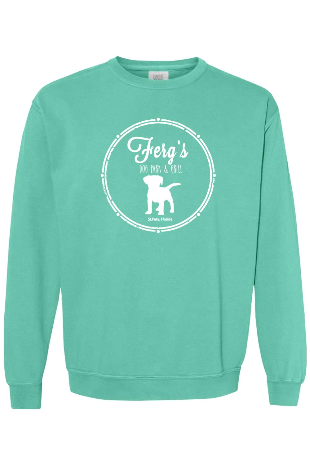 Seafoam green Comfort Colors crewneck sweatshirt featuring a white Ferg's Dog Park & Grill logo graphic.