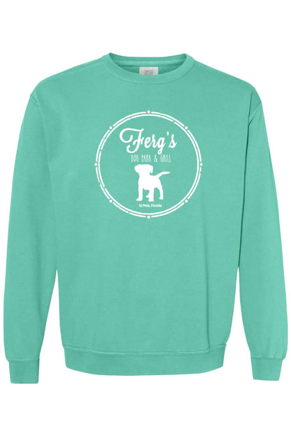 Seafoam green Comfort Colors crewneck sweatshirt featuring a white Ferg's Dog Park & Grill logo graphic.