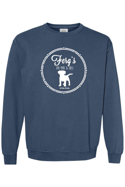 Blue Comfort Colors crewneck sweatshirt with white Ferg's Dog Park & Grill logo featuring a dog silhouette.
