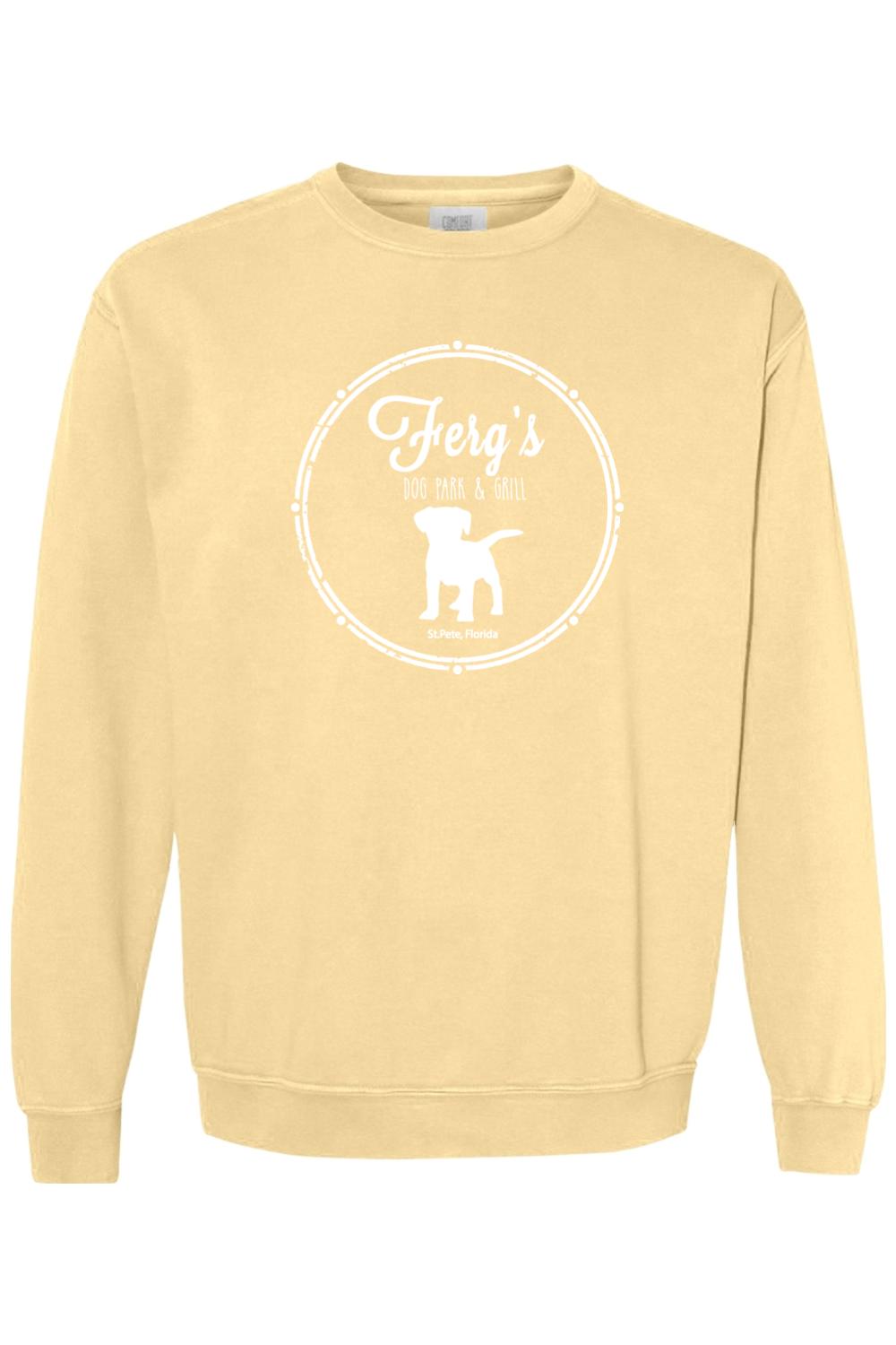 Light yellow Comfort Colors crewneck sweatshirt featuring a white Ferg's Dog Park & Grill logo with a dog silhouette.