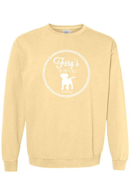 Light yellow Comfort Colors crewneck sweatshirt featuring a white Ferg's Dog Park & Grill logo with a dog silhouette.