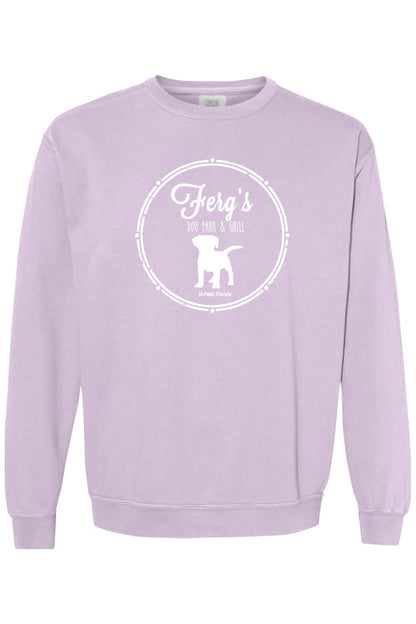 Light purple Comfort Colors crewneck sweatshirt featuring a white Ferg's Dog Park & Grill logo with a dog silhouette.