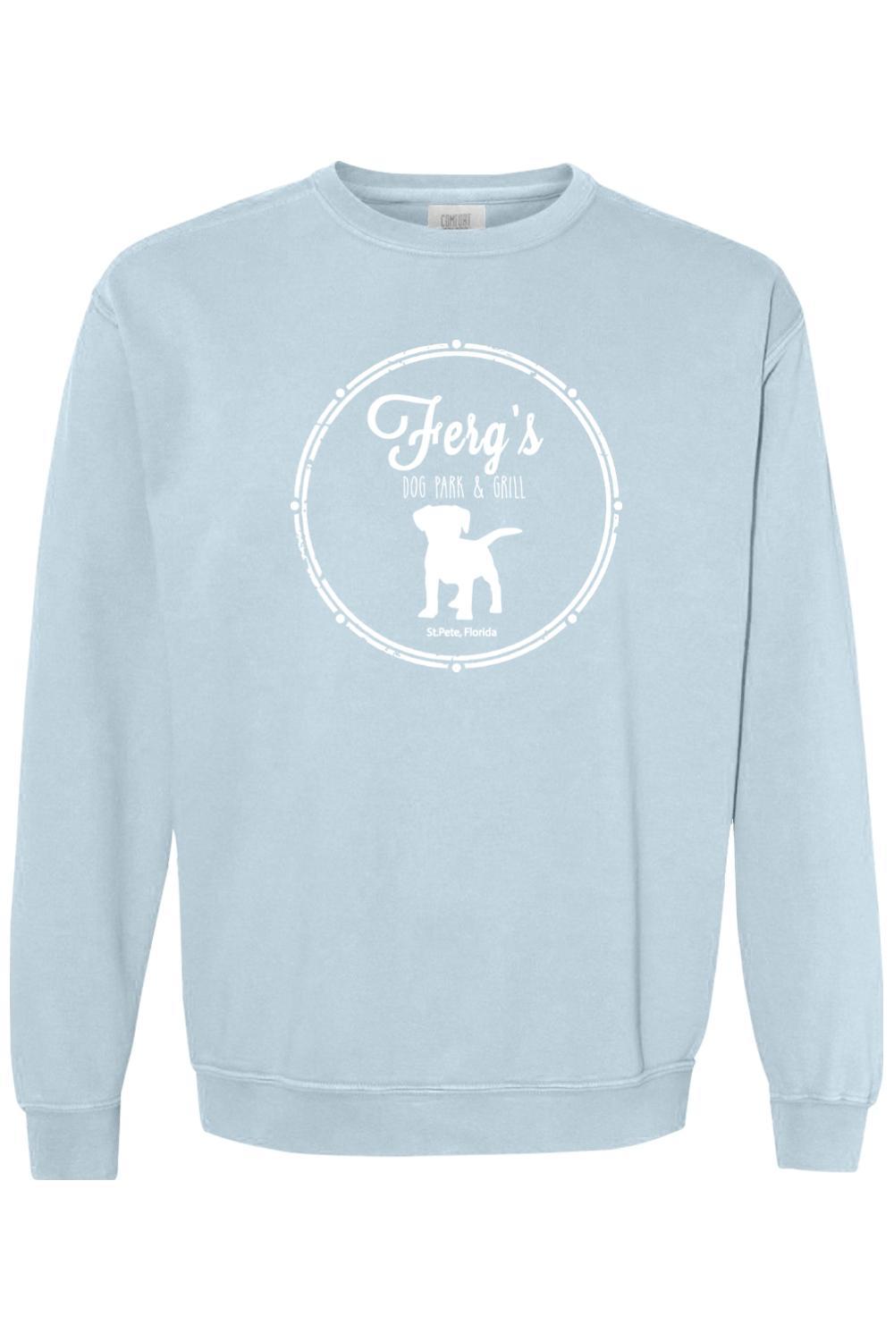 Light blue Comfort Colors crewneck sweatshirt featuring a white Ferg's Dog Park & Grill logo with a dog silhouette.