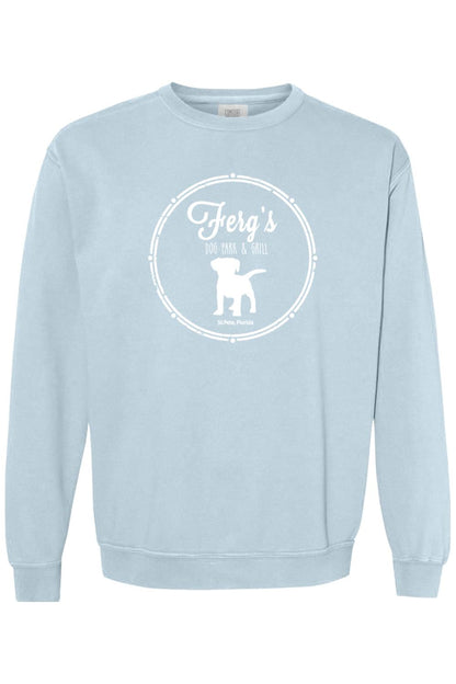 Light blue Comfort Colors crewneck sweatshirt featuring a white Ferg's Dog Park & Grill logo with a dog silhouette.