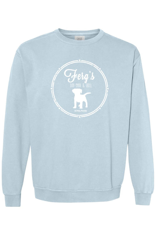 Light blue Comfort Colors crewneck sweatshirt featuring a white Ferg's Dog Park & Grill logo with a dog silhouette.