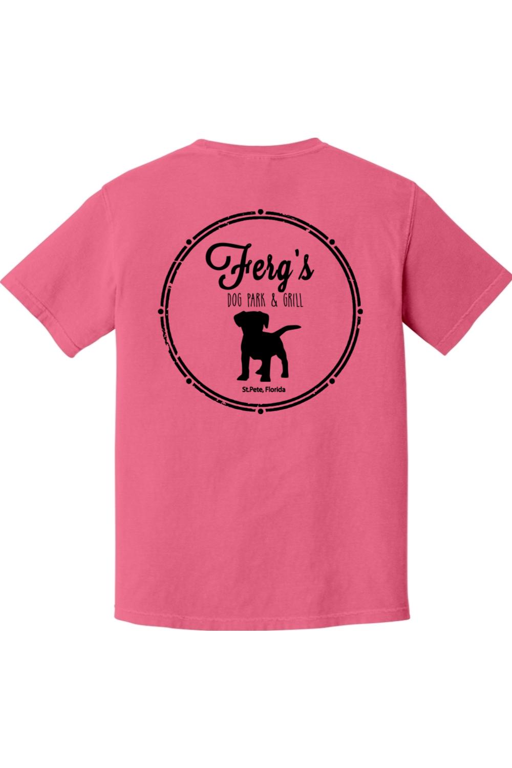 Pink garment-dyed cotton t-shirt featuring a black Ferg's Dog Park & Grill logo with a dog silhouette on the back.