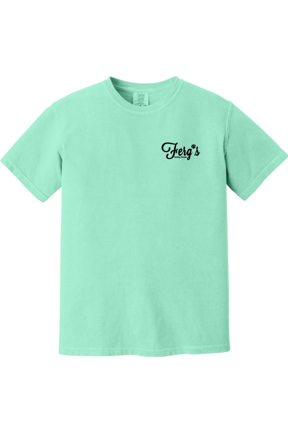 Mint green garment-dyed cotton t-shirt featuring a black Ferg's Dog Park logo on the left chest.