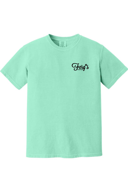 Mint green garment-dyed cotton t-shirt featuring a black Ferg's Dog Park logo on the left chest.