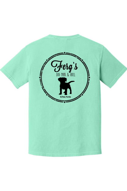 Mint green garment-dyed cotton t-shirt featuring a black Ferg's Dog Park logo graphic on the back.