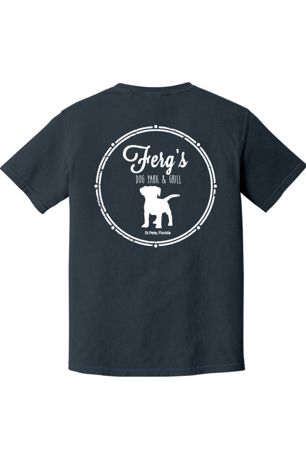 Navy blue garment-dyed cotton t-shirt featuring a white Ferg's Dog Park & Grill logo graphic on the back.
