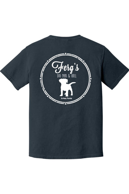 Navy blue garment-dyed cotton t-shirt featuring a white Ferg's Dog Park & Grill logo graphic on the back.