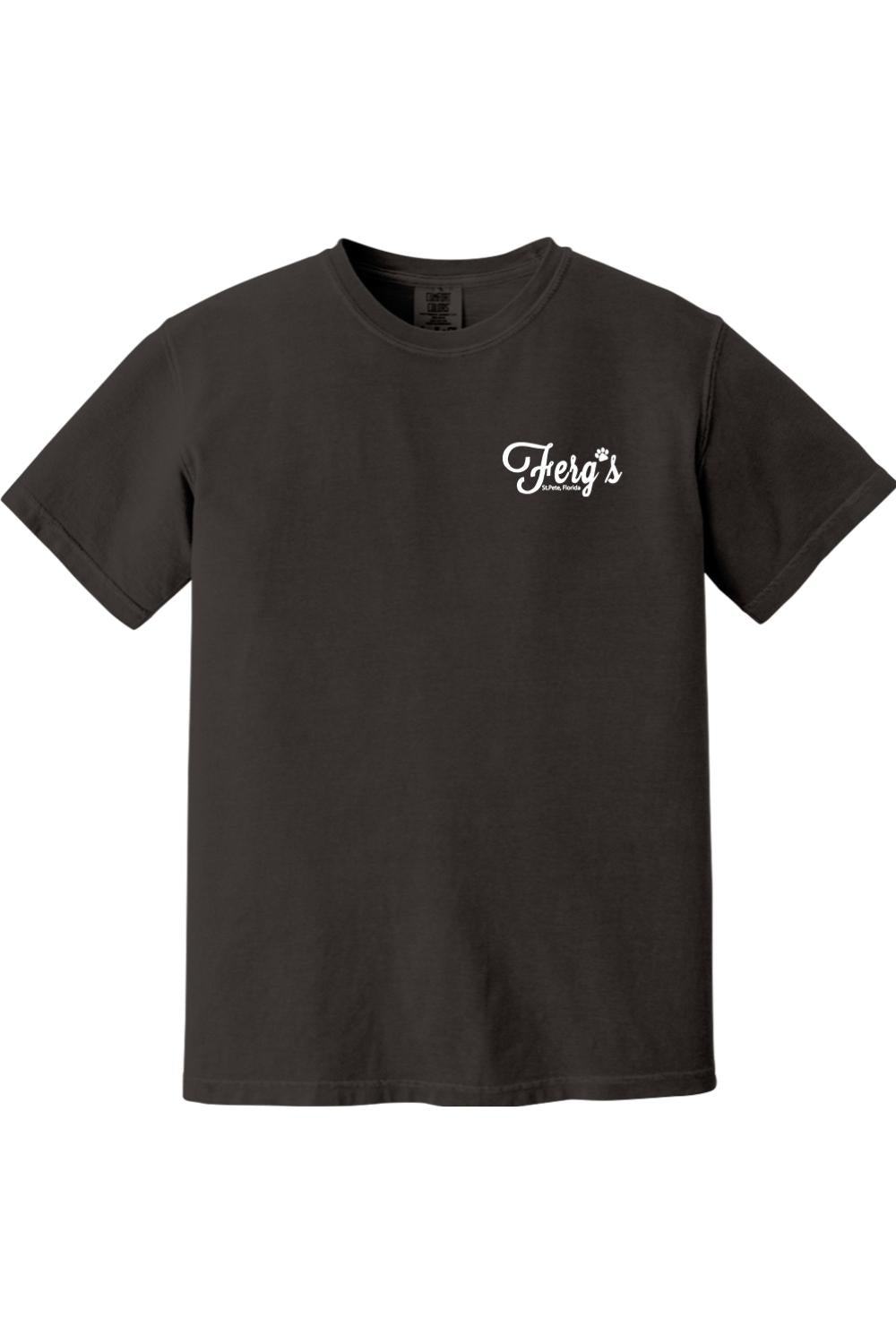 Black garment-dyed 100% cotton t-shirt featuring a white Ferg's Dog Park logo on the left chest.