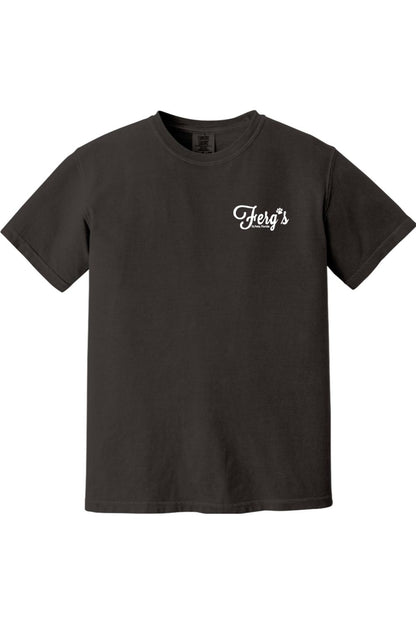 Black garment-dyed 100% cotton t-shirt featuring a white Ferg's Dog Park logo on the left chest.