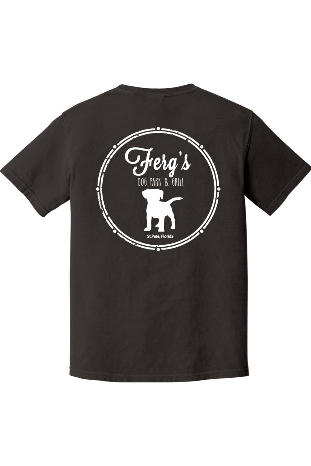 Black garment-dyed cotton t-shirt featuring a white Ferg's Dog Park logo graphic on the back.