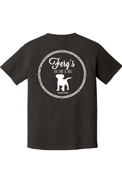 Black garment-dyed cotton t-shirt featuring a white Ferg's Dog Park logo graphic on the back.
