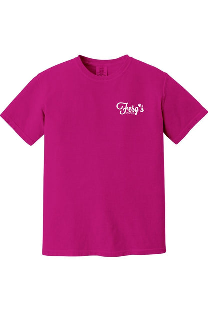 Magenta garment-dyed cotton t-shirt with white Ferg's Dog Park logo on the left chest.