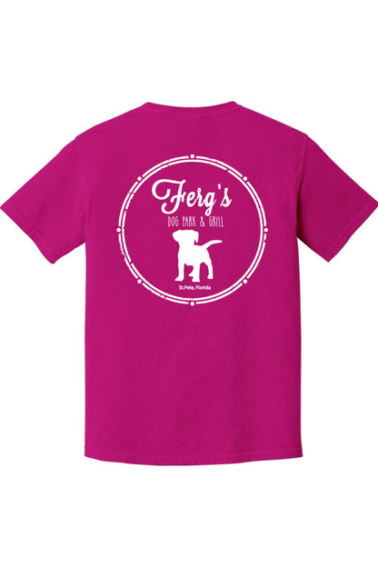 Magenta garment-dyed cotton t-shirt featuring a white Ferg's Dog Park & Grill logo with a dog silhouette on the back.