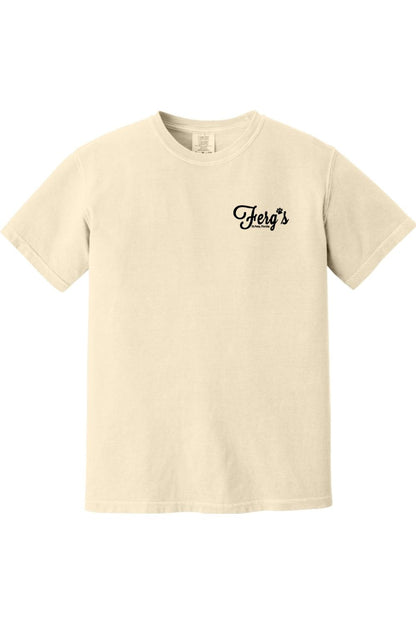 Cream-colored garment-dyed cotton t-shirt featuring a black Ferg's Dog Park logo on the left chest.
